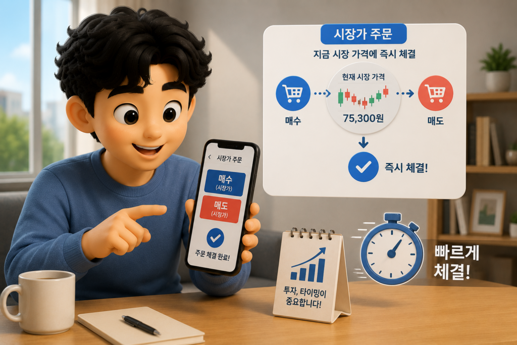 현재 시장 가격에 즉시 체결되는 시장가 주문의 매수·매도 방식을 보여주는 이미지