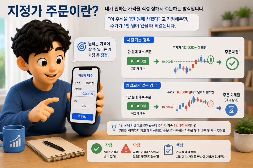 원하는 가격을 정해 주문하는 지정가 주문의 체결되는 경우와 안 되는 경우를 비교한 도표