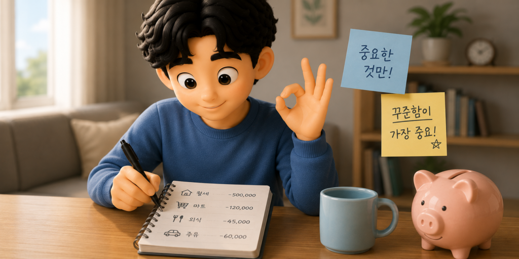 가계부는 정확도보다 꾸준함이 중요하며 큰 지출 위주로 적으면 충분함을 보여주는 이미지