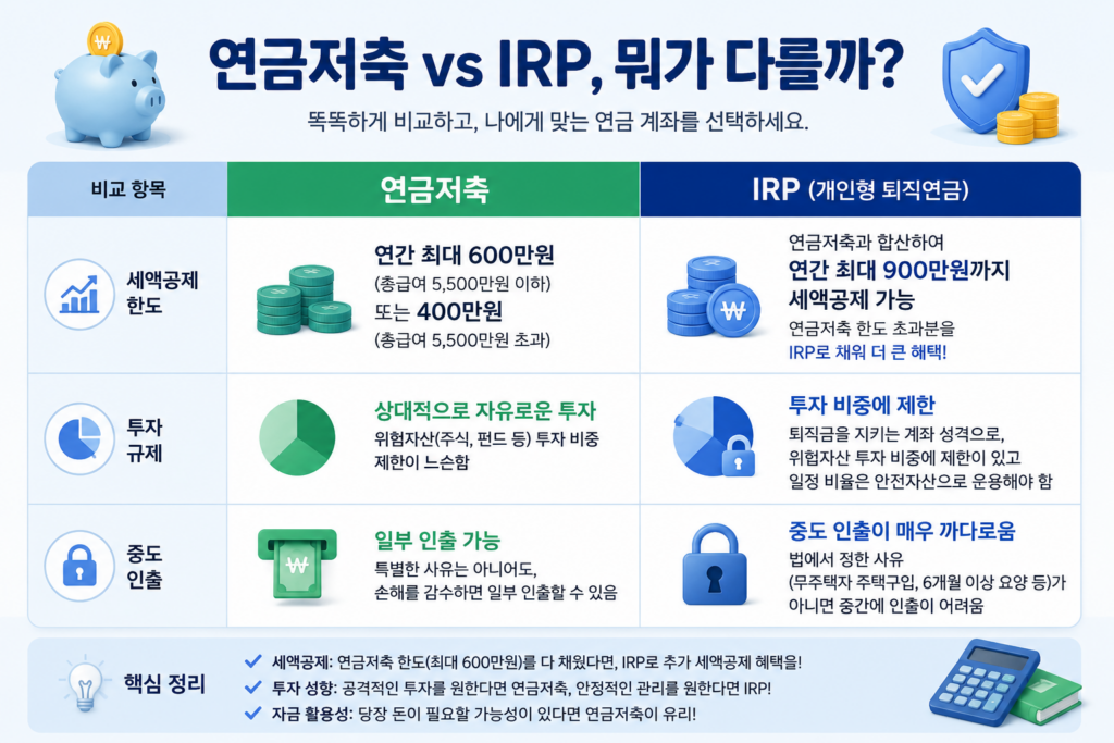 연금저축과 IRP의 세액공제 한도·투자 규제·중도 인출 차이를 비교한 도표