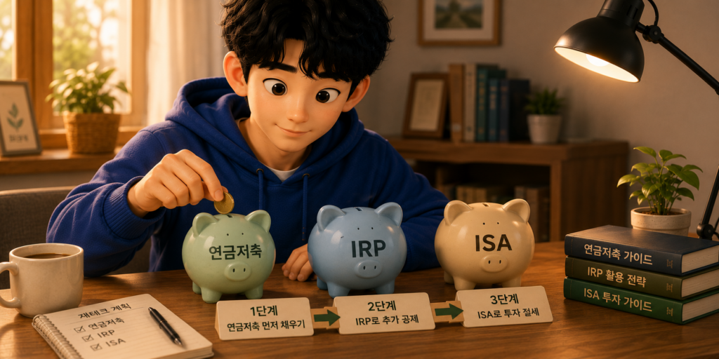 연금저축 먼저·IRP 추가 공제·ISA 투자 절세 순으로 세 계좌를 채우는 재테크 순서를 정리한 도표
