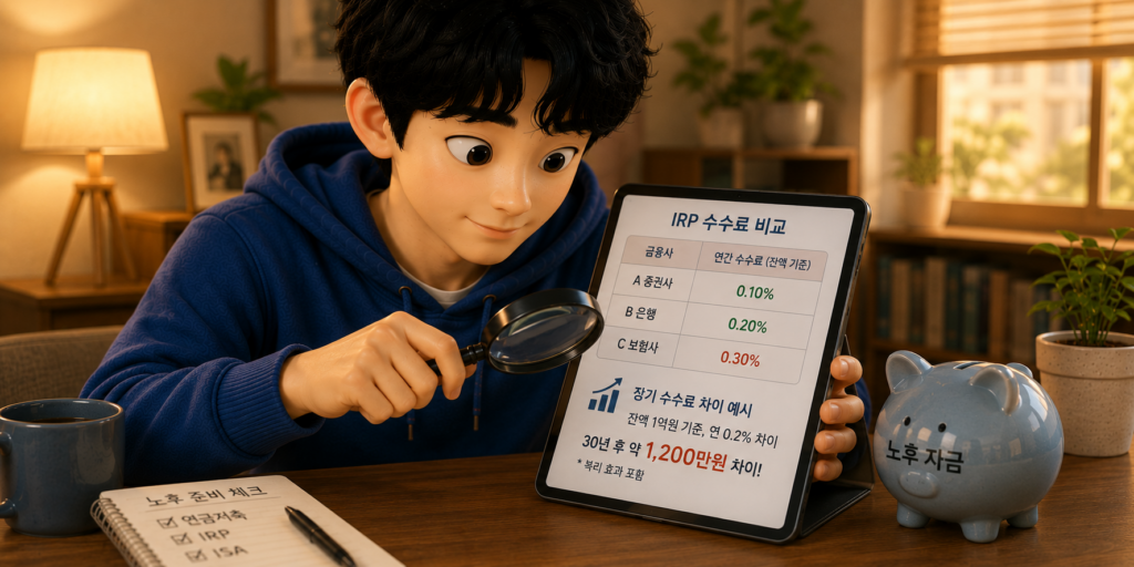 IRP 계좌 관리 수수료를 금융사별로 비교하고 비대면 면제 여부를 확인하는 방법을 보여주는 도표