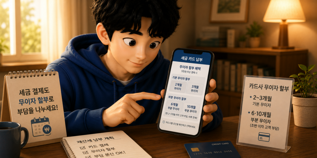 세금 카드 납부 시 무이자 할부로 목돈 부담을 몇 달로 나누는 방법과 부분 무이자 조건을 보여주는 이미지