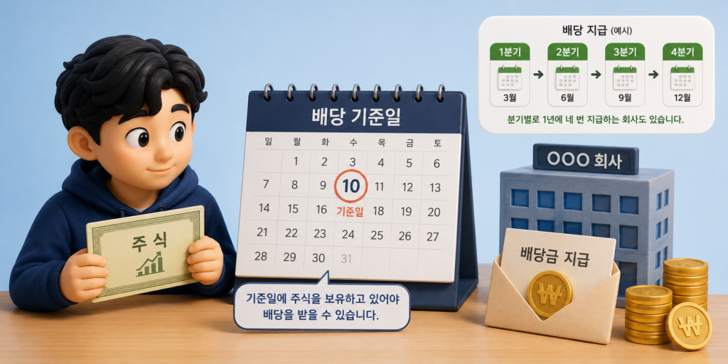 배당 기준일에 주식을 보유해야 배당을 받을 수 있고 분기별 지급과 세금 부과를 보여주는 이미지