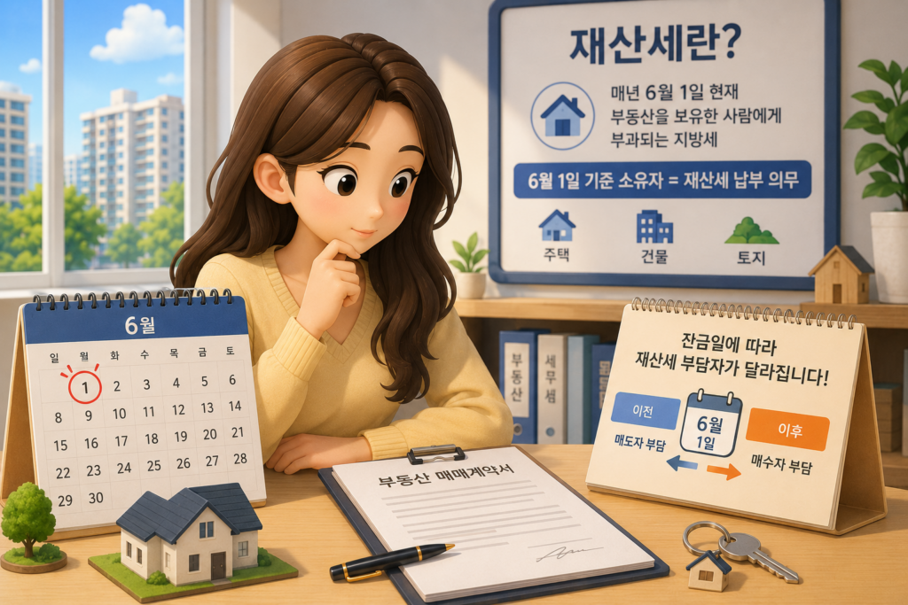 과세기준일 6월 1일 부동산 보유자에게 부과되는 재산세와 잔금일에 따른 부담자 차이를 보여주는 이미지