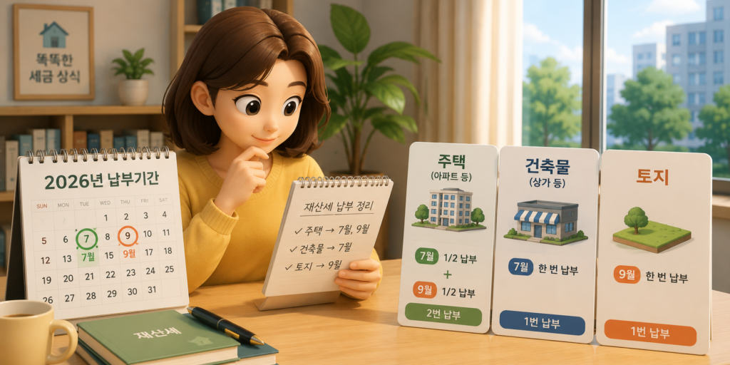 2026년 재산세 납부기간과 주택·건축물·토지별 7월·9월 납부 시기 차이를 정리한 도표