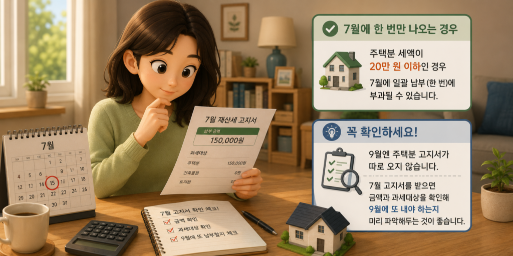 주택분 재산세가 20만 원 이하면 7월에 한 번만 일괄 부과되는 예외를 보여주는 이미지