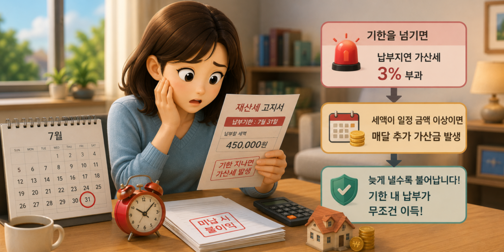 재산세 납부기한을 넘기면 3% 가산세와 매달 추가 가산금이 붙고, 250만 원 초과 시 분납이 가능함을 보여주는 이미지