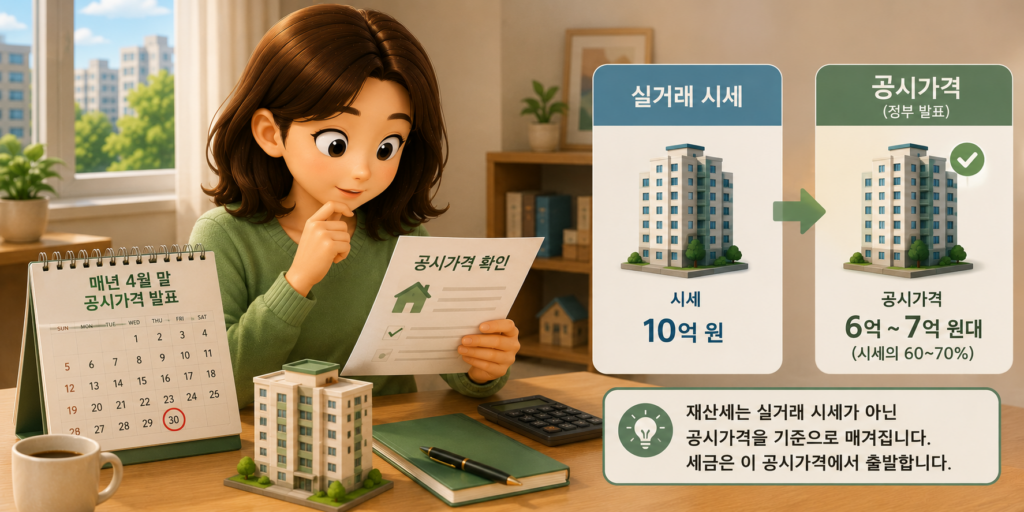 재산세는 실거래 시세가 아닌 시세의 60~70% 수준인 공시가격을 기준으로 매겨짐을 비교한 도표