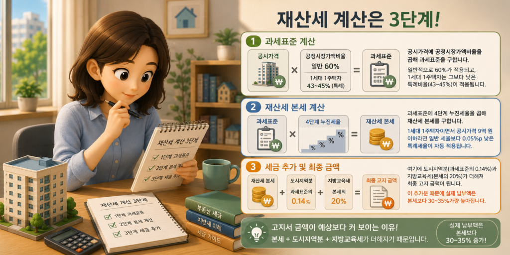 재산세 계산 3단계인 과세표준·본세·도시지역분과 지방교육세 합산 과정을 정리한 도표