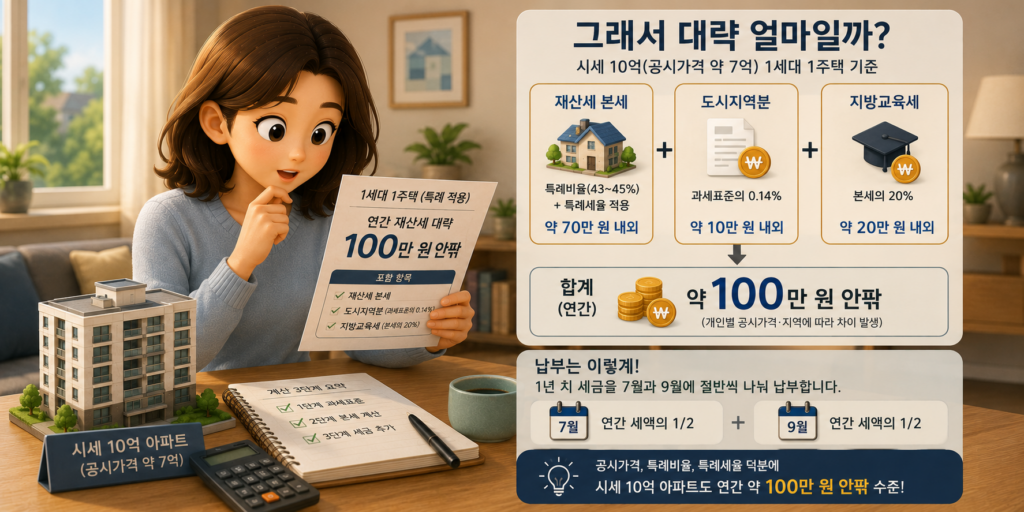 시세 10억 1세대 1주택 재산세가 본세·도시지역분·지방교육세 합쳐 연 100만 원 안팎임을 보여주는 도표