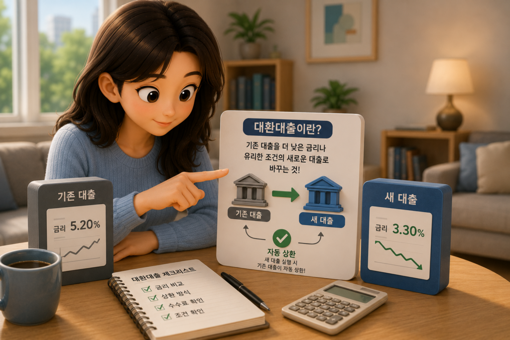 기존 대출을 더 낮은 금리의 새 대출로 갈아타 이자를 아끼는 대환대출의 개념을 보여주는 이미지