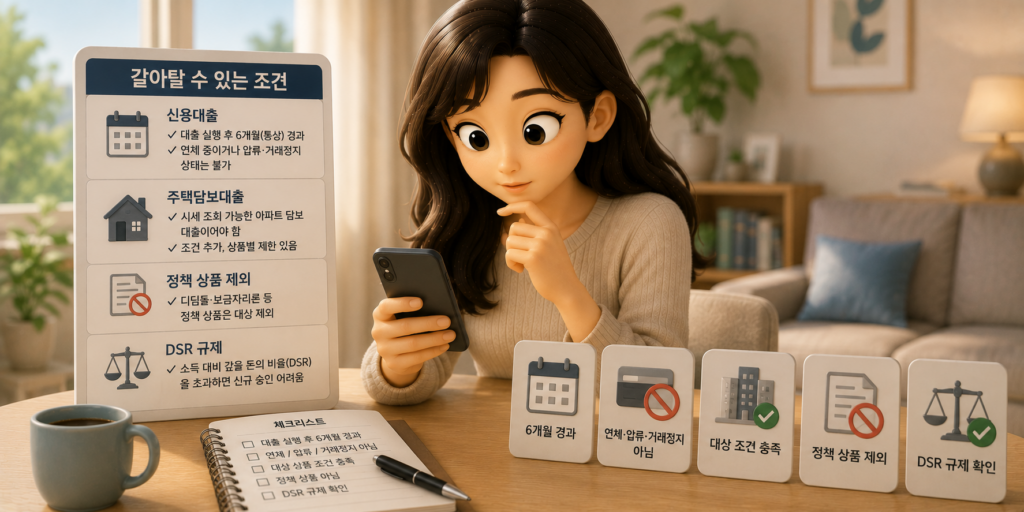 대환대출 가능 조건인 신용대출 6개월 경과·주택담보대출 요건·정책 상품 제외·DSR 규제를 정리한 도표