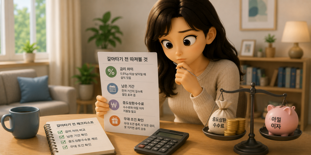 대출 갈아타기 전 따져볼 금리 차이·남은 기간·중도상환수수료 세 가지를 정리한 도표