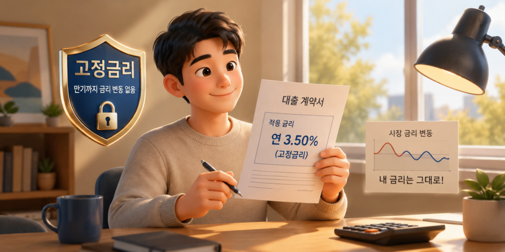 시장 금리가 변해도 만기까지 이자가 그대로인 고정금리의 장점과 단점을 보여주는 이미지