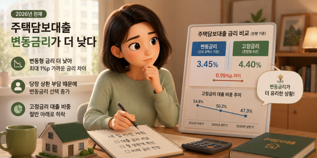 2026년 현재 주택담보대출 변동금리가 고정금리보다 약 1%p 낮은 상황을 비교한 도표
