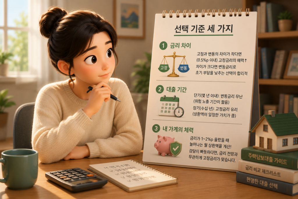 고정금리와 변동금리 선택 기준인 금리 차이·대출 기간·내 가계 체력 세 가지를 정리한 도표