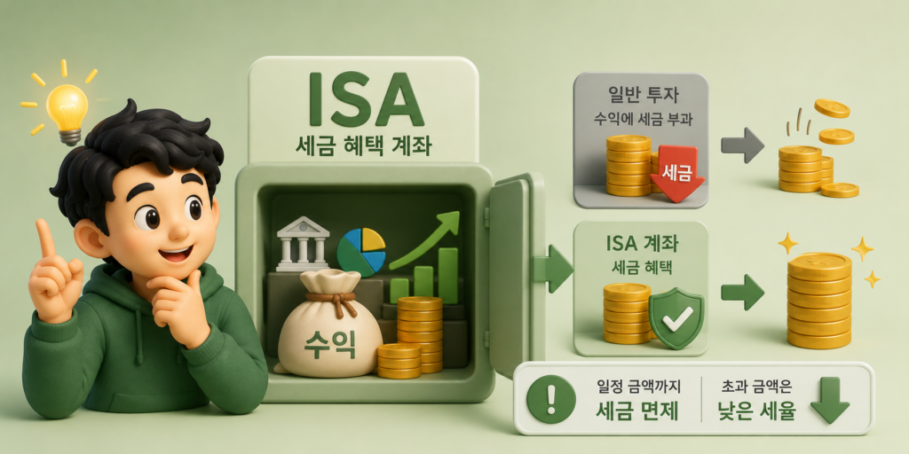 ISA 계좌가 일반 투자보다 세금을 덜 내 손에 쥐는 돈이 많아지는 세금 혜택을 비교한 이미지
