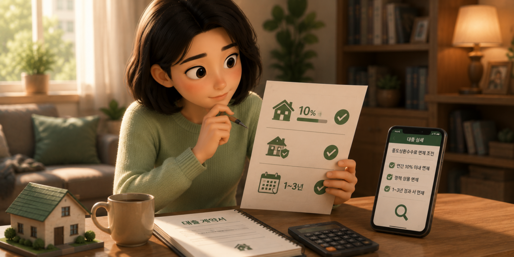중도상환수수료 면제 경우인 연 10% 이내 상환·정책 상품·1~3년 경과 조건을 정리한 도표