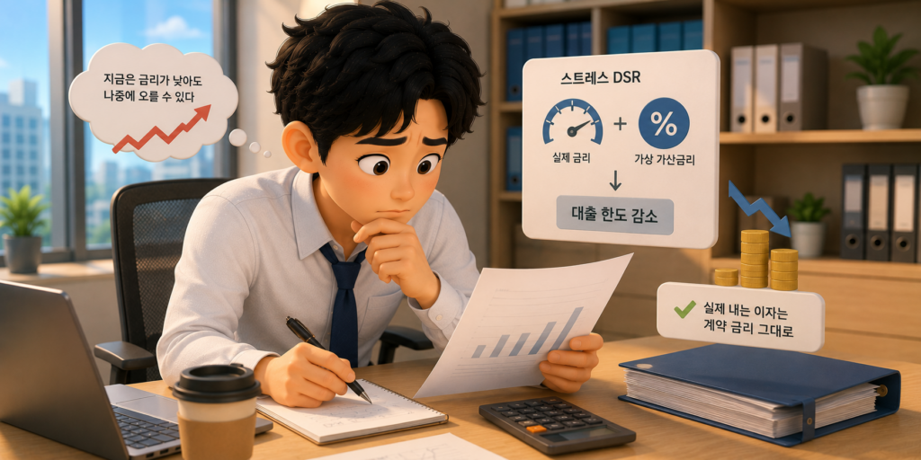 실제 금리에 가상 가산금리를 얹어 대출 한도를 줄이는 스트레스 DSR 제도를 보여주는 이미지