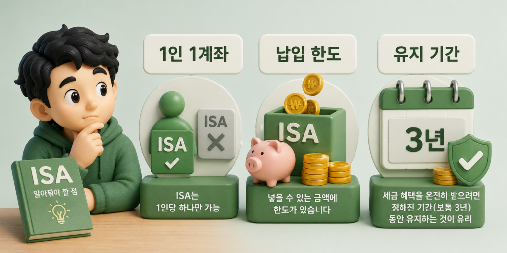 ISA 계좌 주의점인 1인 1계좌·납입 한도·3년 유지 기간 조건을 정리한 도표