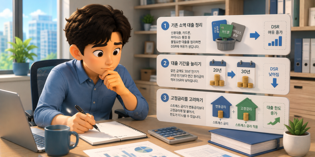 DSR 한도를 늘리는 방법인 기존 소액 대출 정리·대출 기간 연장·고정금리 고려를 정리한 도표
