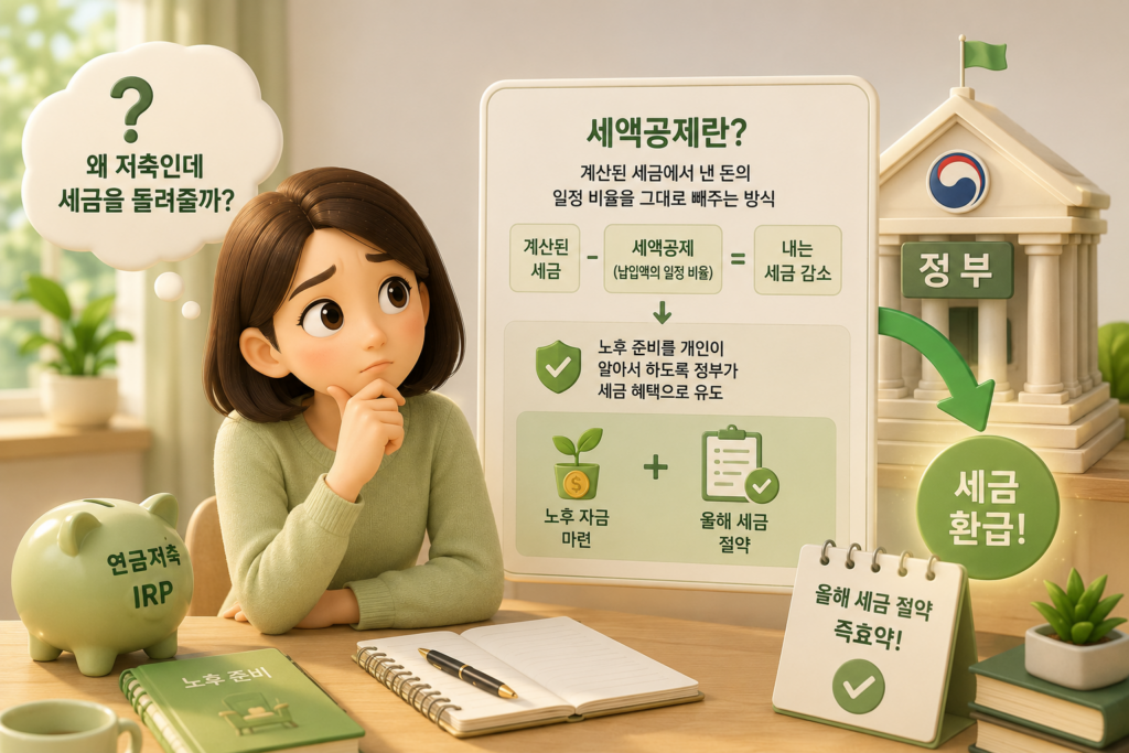 연금저축·IRP가 노후 자금 마련과 세금 환급을 동시에 주는 세액공제 원리를 보여주는 이미지