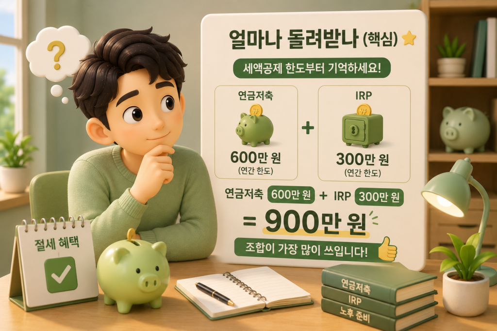 연금저축 600만 원과 IRP 300만 원을 합친 900만 원 세액공제 한도와 환급률을 보여주는 도표