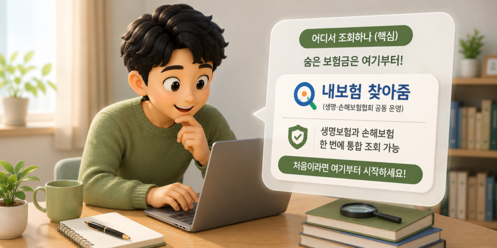 숨은 돈 조회 채널인 내보험 찾아줌·파인·건강보험공단·홈택스를 안내하는 이미지