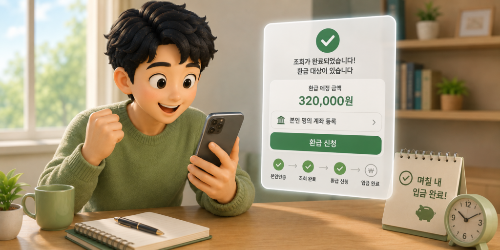 간편인증으로 미청구 내역을 조회하고 본인 계좌를 등록해 환급 신청하는 과정을 보여주는 이미지