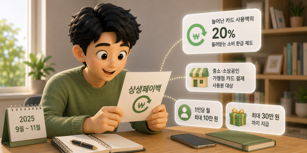 카드 사용 증가분의 20%를 온누리상품권으로 돌려준 상생페이백 제도의 대상과 한도를 정리한 도표