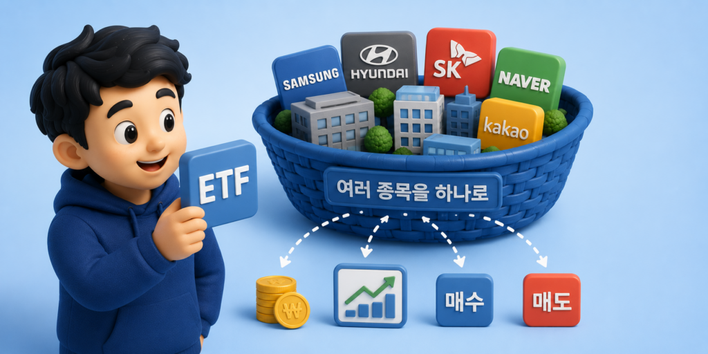 여러 종목을 한 바구니에 담아 주식처럼 사고파는 ETF의 개념을 보여주는 이미지