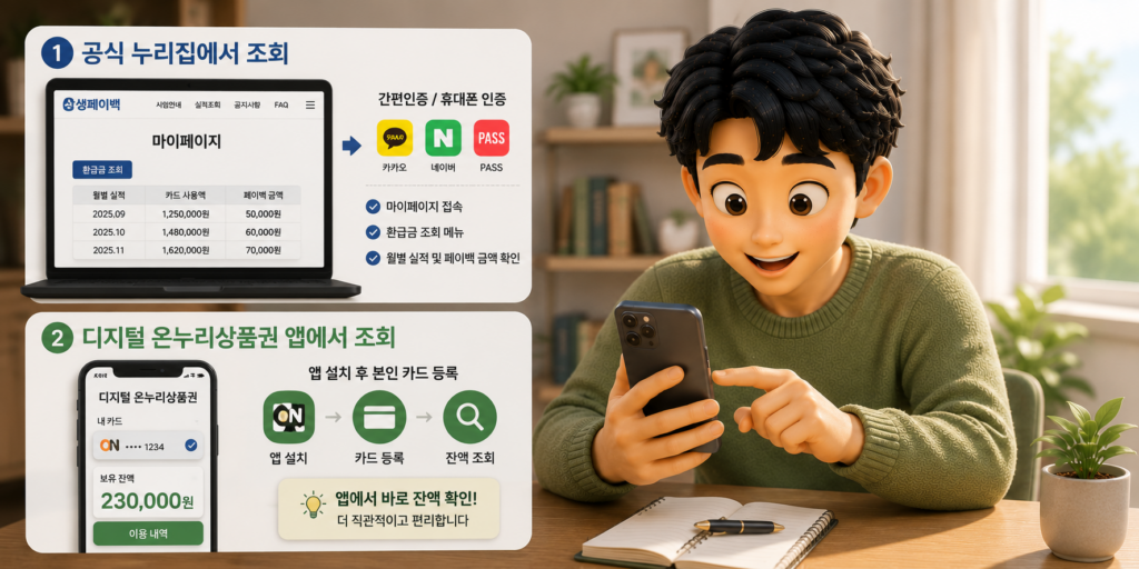 상생페이백 조회 방법인 공식 누리집 마이페이지와 디지털 온누리상품권 앱 두 가지 경로를 정리한 도표