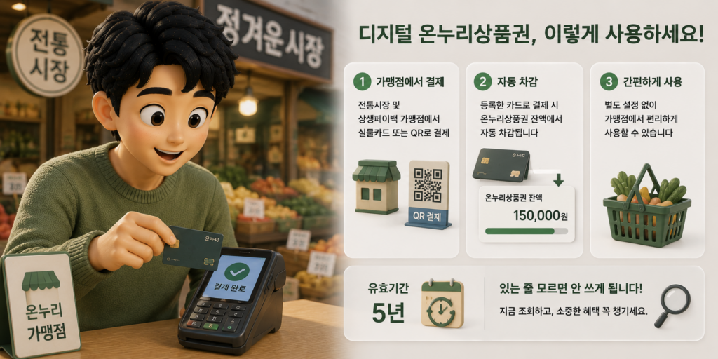 디지털 온누리상품권을 전통시장·가맹점에서 카드나 QR로 결제하면 잔액에서 자동 차감되는 사용법을 정리한 도표
