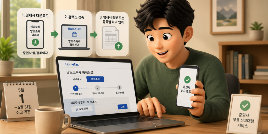 해외주식 양도소득세를 다음 해 5월에 명세서 다운로드·홈택스 접속·첨부로 신고하는 절차를 정리한 도표