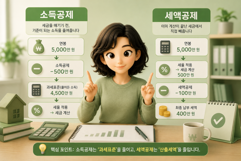 소득공제와 세액공제의 결정적 차이인 과세표준을 줄이는 것과 산출세액을 줄이는 것을 비교한 도표