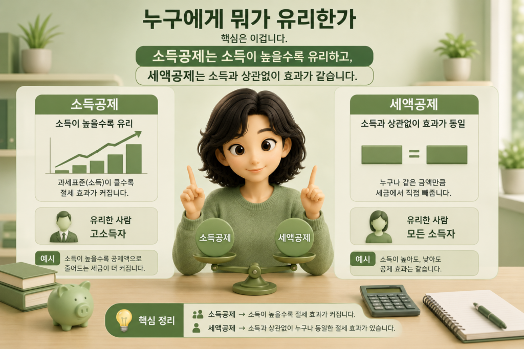 소득공제는 고소득자에게, 세액공제는 소득과 상관없이 동일하게 유리함을 비교한 도표