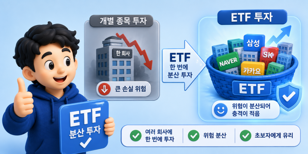 개별 종목의 큰 손실 위험과 달리 ETF가 위험을 분산해 초보에게 유리함을 비교한 이미지