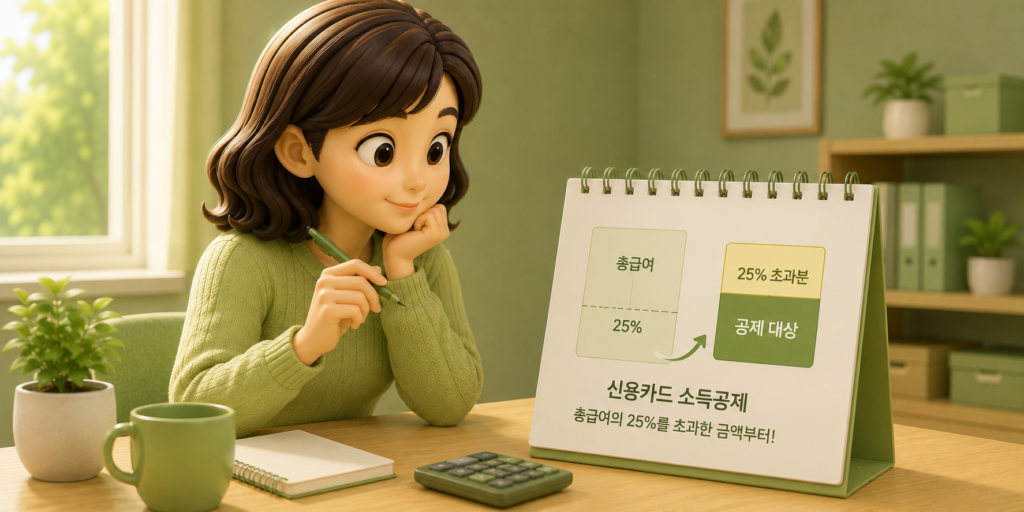 신용카드 소득공제가 총급여 25%를 초과한 금액부터 시작되는 공제 문턱 구조를 보여주는 이미지