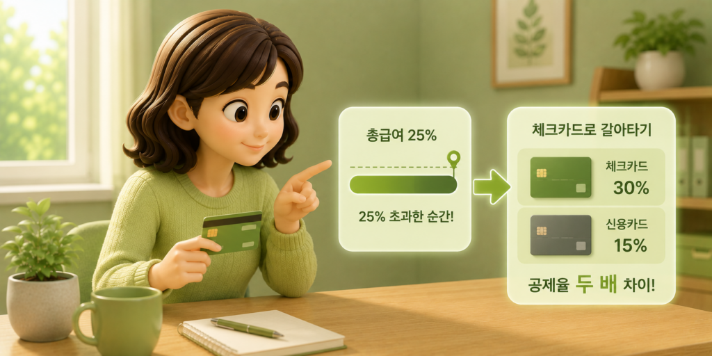 총급여 25%를 넘긴 뒤에는 공제율 15% 신용카드에서 30% 체크카드로 갈아타는 전략을 보여주는 이미지