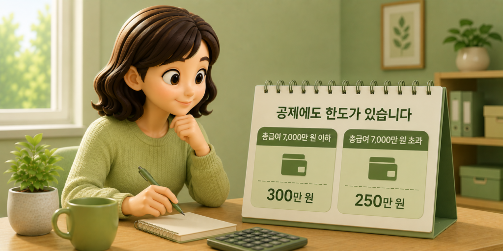 신용카드 소득공제 기본 한도가 총급여 7,000만 원 이하 300만 원, 초과 시 250만 원임을 보여주는 이미지