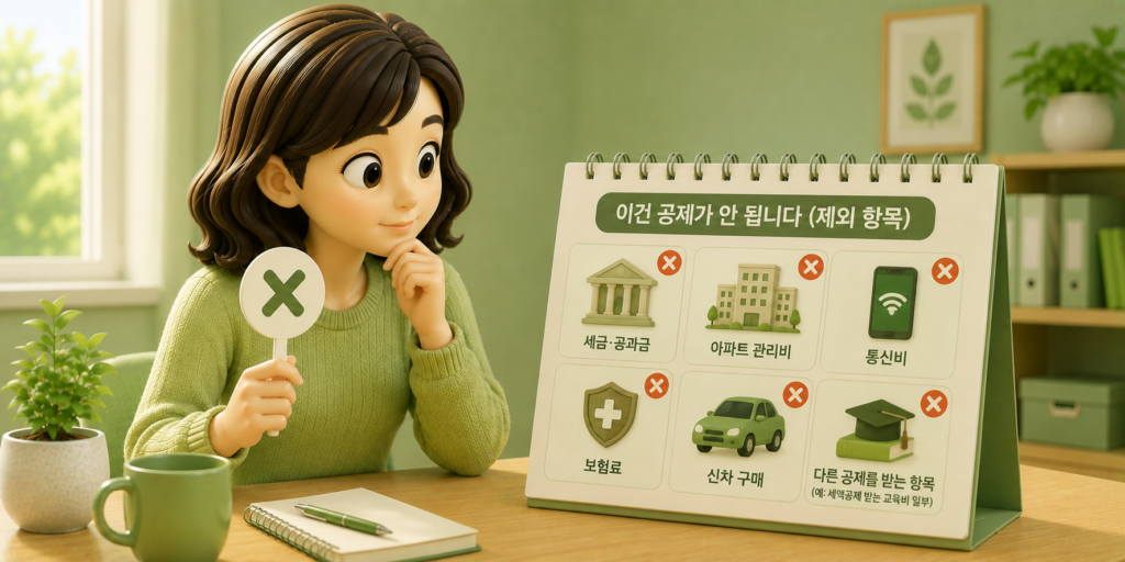 신용카드 소득공제 제외 항목인 세금·공과금·아파트 관리비·통신비·보험료·신차 구매 등을 정리한 도표
