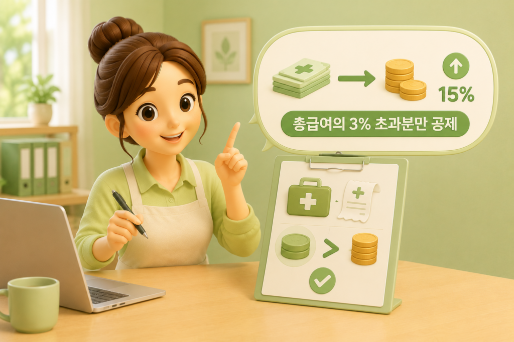 의료비 세액공제가 총급여 3%를 초과한 금액부터 시작되고 초과분의 15%를 돌려받는 구조를 보여주는 이미지