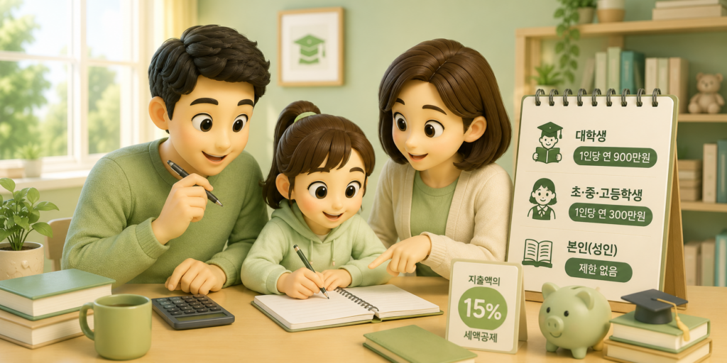 교육비 세액공제율 15%와 대상별 한도인 본인 무제한·대학생 900만 원·초중고생 300만 원을 정리한 도표