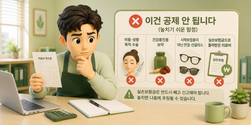 의료비 공제 제외 항목인 미용·성형 수술·건강증진 보약·일반 안경·실손보험금 환급 의료비를 정리한 도표