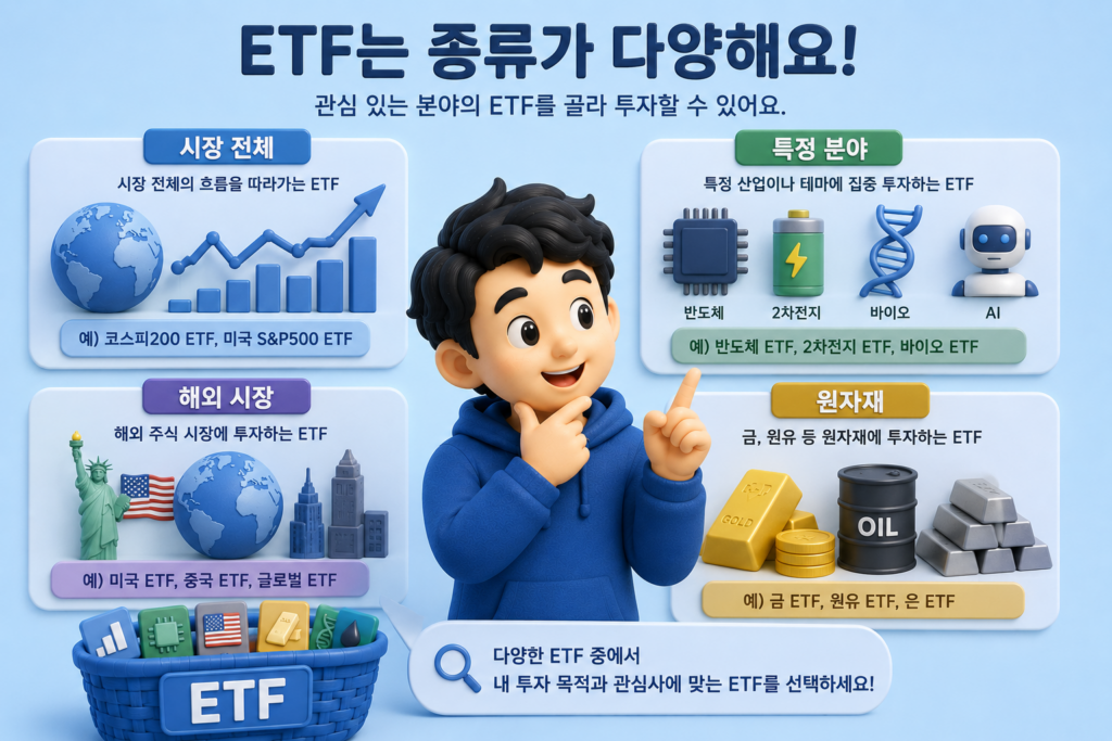 ETF 종류인 시장 전체·특정 분야·해외 시장·원자재 투자 유형을 정리한 도표