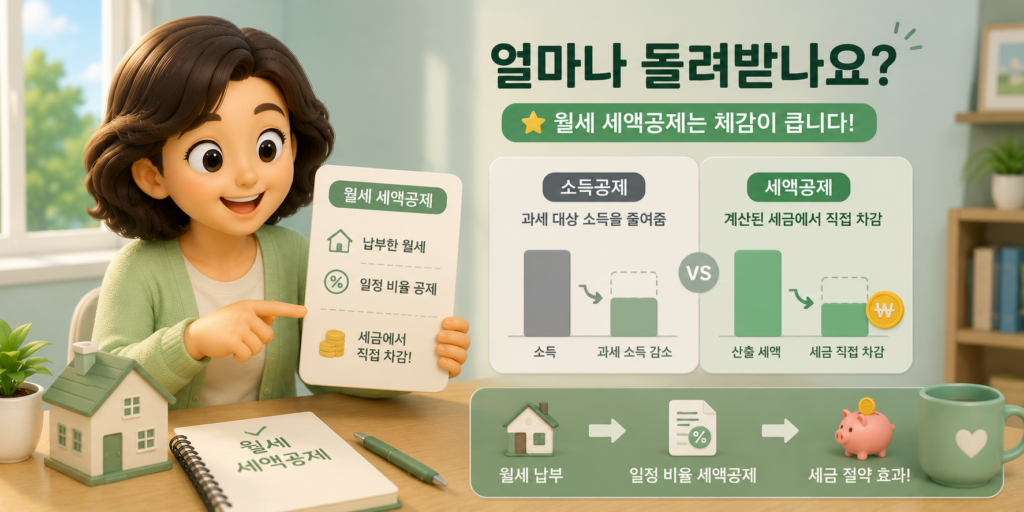 월세 세액공제는 계산된 세금에서 직접 차감되며 소득에 따라 17%·15%, 연 최대 170만 원을 돌려받는 구조를 정리한 도표