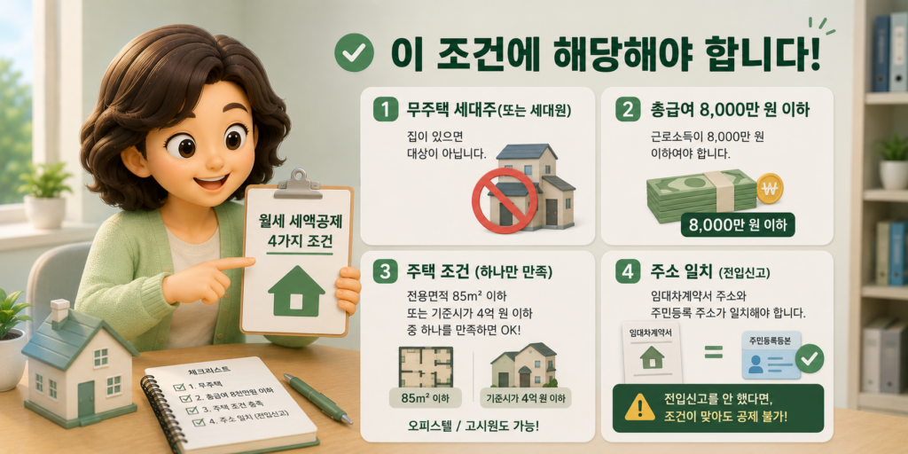 월세 세액공제 4가지 조건인 무주택 세대주·총급여 8,000만 원 이하·주택 조건·전입신고 주소 일치를 정리한 도표