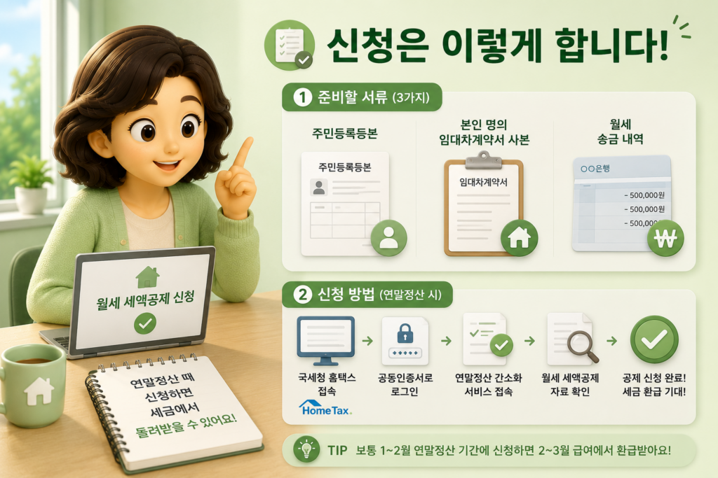 월세 세액공제 준비 서류 3가지와 홈택스 접속·인증·자료 확인으로 이어지는 신청 방법을 정리한 도표