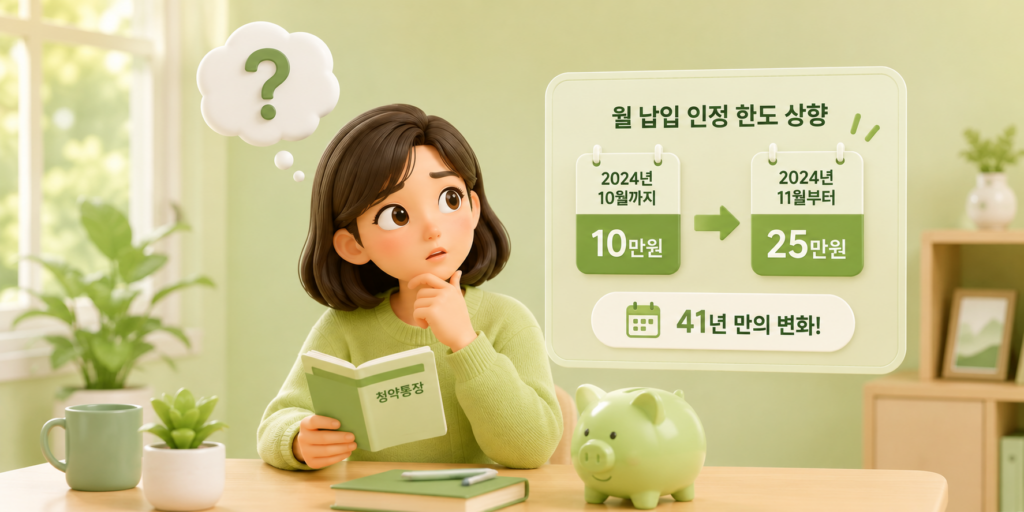 청약통장 월납입 인정 한도가 2024년 11월부터 10만원에서 25만원으로 41년 만에 상향된 변화를 보여주는 이미지